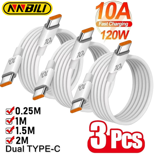 NNBILI 3Pcs Universal 120W 10A Fast Charger PD Dual Type C Quick Charging Cable Data Wire Cord For iPhone 15 16 Samsung HUAWEI Beauty World Shop
