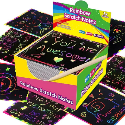 100pcs Scratch Paper Art Set Scratch Off Rainbow Magic Paper with 2 Bamboo Stylus Black Scratch Notes Xmas Birthday Gift Card Beauty World Shop
