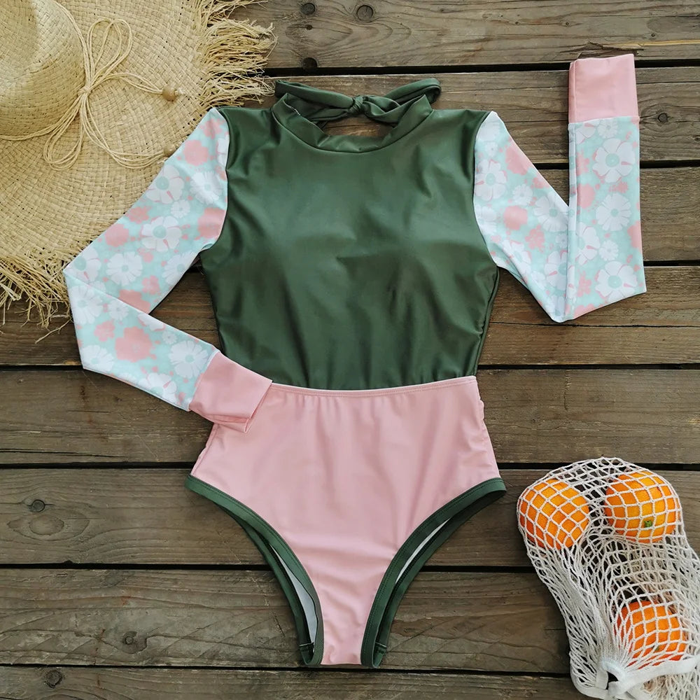 New Patchwork One-Piece Swimsuit Long Sleeve Swimwear Sports Backless Women's Swimming Bathing Suit Beach Wear Bather Surfing Beauty World Shop