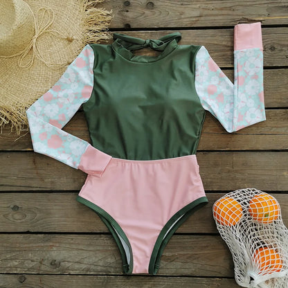New Patchwork One-Piece Swimsuit Long Sleeve Swimwear Sports Backless Women's Swimming Bathing Suit Beach Wear Bather Surfing Beauty World Shop