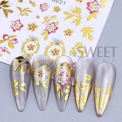 5pcs Metallic Gold Line Flower Nail Stickers 3D Bronzing Border Petals Sakura Leaf Nail Decals Slider DIY Elegant Manicure Decor Beauty World Shop