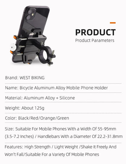 WEST BIKING Bicycle Mobile Phone Holder 360° Rotatable  Aluminum Alloy Phone Holder Five Claws Adjustable MTB Road Bike Bracket Beauty World Shop