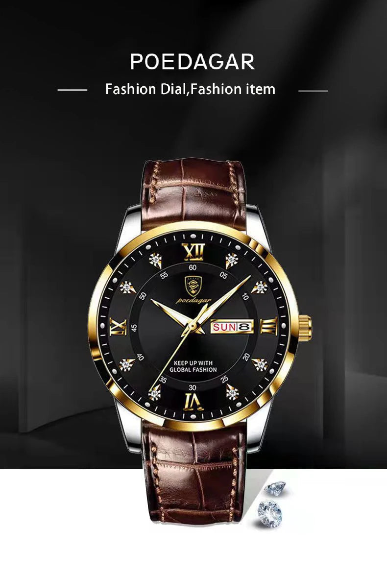 POEDAGAR Luxury Brand Men Watches Waterproof Luminous Leather Quartz Man Wristwatch Casual Sports Military Watch For Men relogio Beauty World Shop
