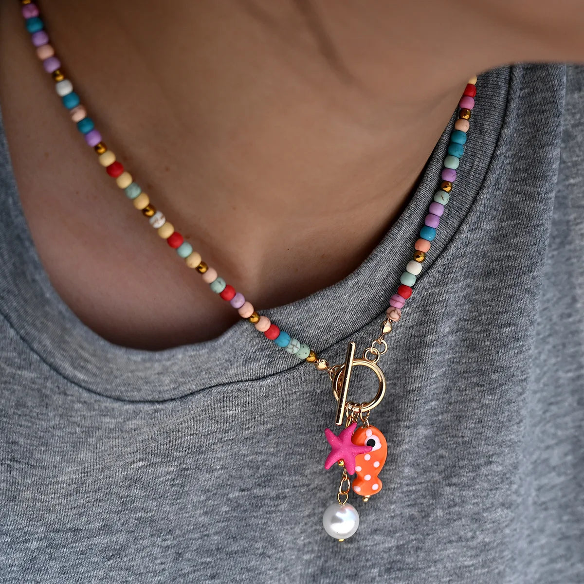 Bohemian Sea-Inspired Ceramic Fish & Starfish Pendant Necklace Dopamine Rainbow Color Beads Necklaces Beach Jewelry Beauty Trend Shop