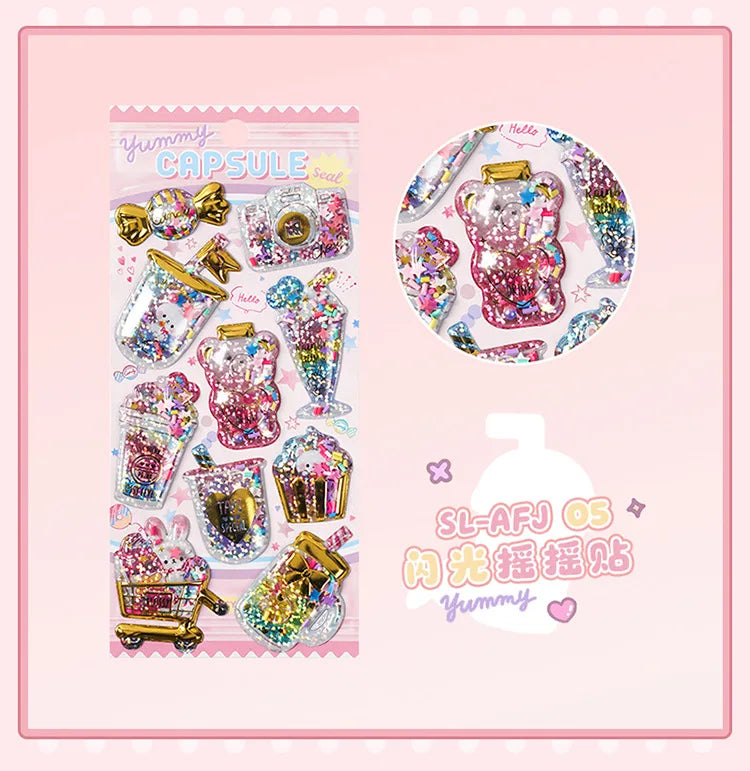 Kawaii Capsule Sparkling 3D Stickers Scrapbooking Diy Journal Stationery Sticker Cute Deco Art School Supplies Beauty World Shop