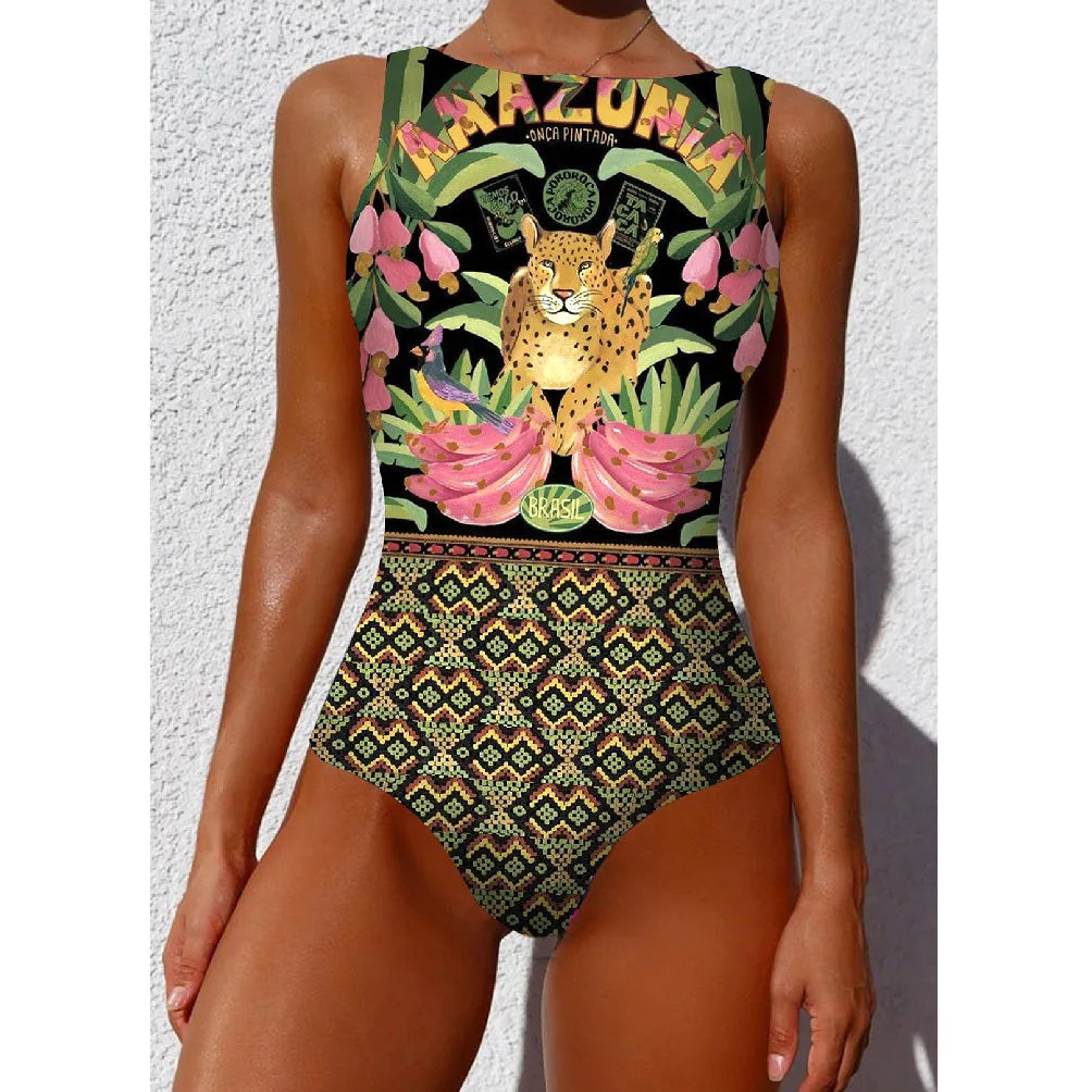 2026 New Printed One-piece Swimsuit Classic Printed Lace Up Swimsuit Women's Push Up Flower One-piece Suit Beach Wear For Female Beauty World Shop
