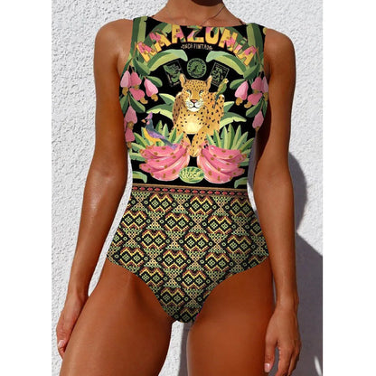 2026 New Printed One-piece Swimsuit Classic Printed Lace Up Swimsuit Women's Push Up Flower One-piece Suit Beach Wear For Female Beauty World Shop