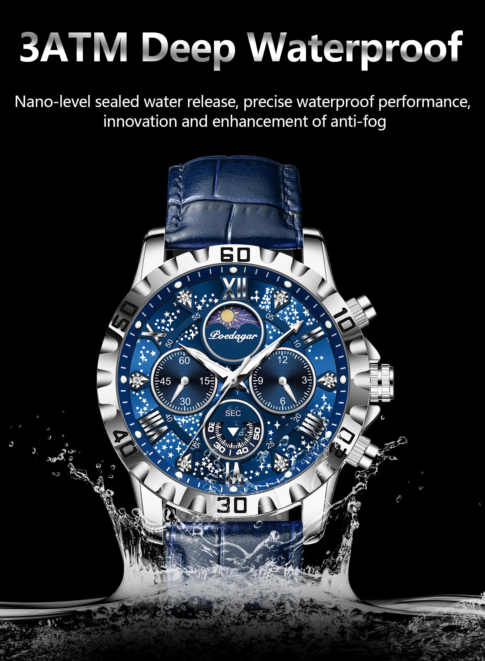 POEDAGAR Top Functional Luxury Man Wristwatch Waterproof Luminous Chronograph Leather Sports Watches For Men Quartz Men's Watch Beauty World Shop