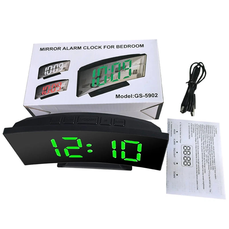 Curved Screen Clock Digital Led Alarm Clock with Temperature Display Large Mirror Clock Snooze Bedside Table Clock Room Decor Beauty World Shop