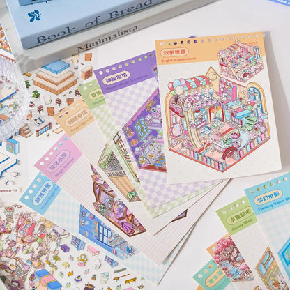 Mr Paper 49pcs/bag Business Town Series Mini 3D Miniature Scenography Sticker Book Visual Stacking Scene Stickers DIY Gift Decor Beauty World Shop