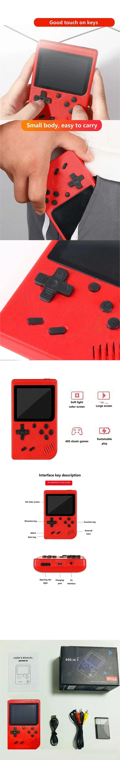 Red Retro Handheld Game Console for Kids  400 Classic Games  Rechargeable   TV-Connectable Beauty Fashion