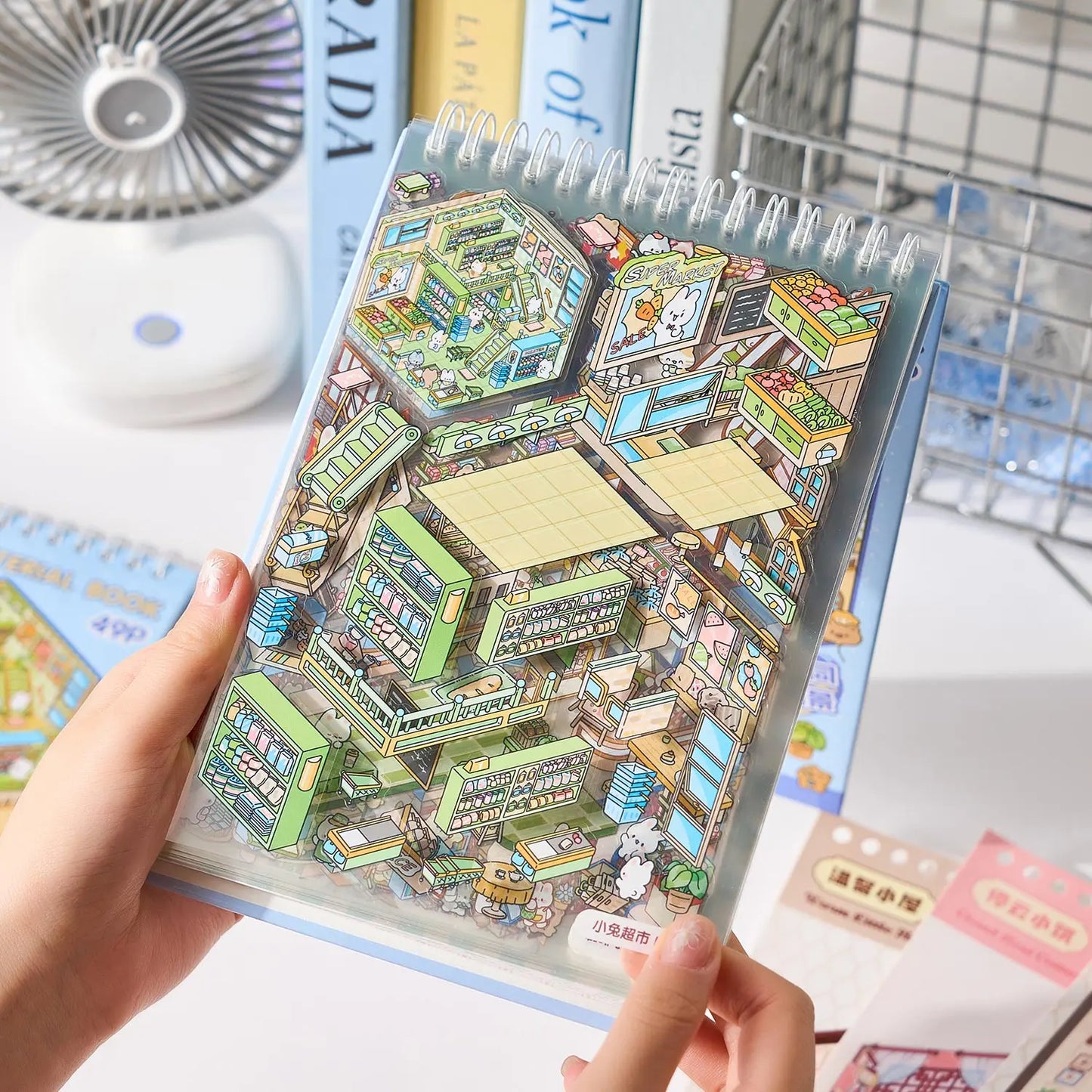 Mr Paper 49pcs/bag Business Town Series Mini 3D Miniature Scenography Sticker Book Visual Stacking Scene Stickers DIY Gift Decor Beauty World Shop