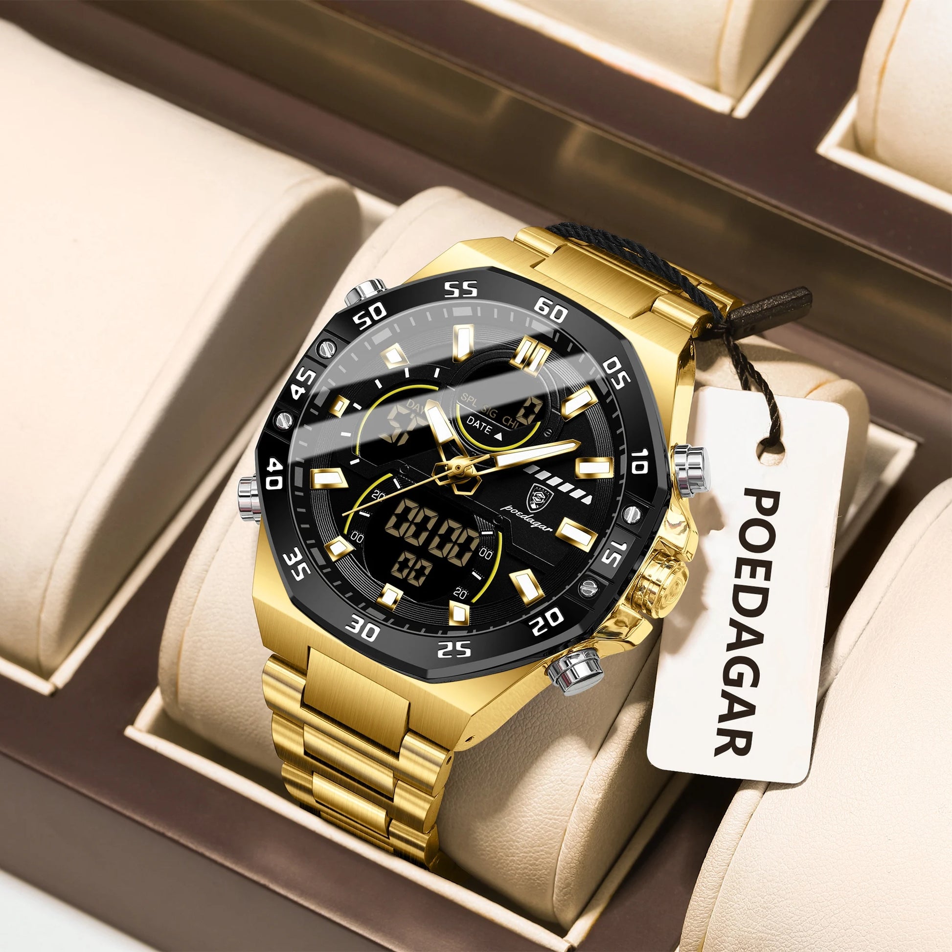 POEDAGAR Top Men Clock LED Luminous Waterproof Week Date Military Man Wristwatch Electronic Stainless Steel Quartz Men's Watches Beauty World Shop