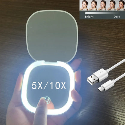 Mini Compact Foldable Pocket Hand Led Makeup Mirror With Led Light 5x/10x Magnification Rechargeable And Small Beauty World Shop