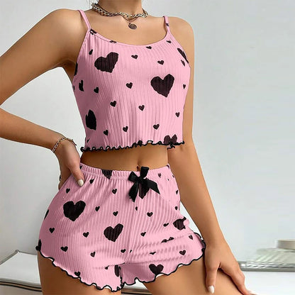 Women's Pajamas Set Sleepwear 2 PCS Short Tank Tops And Shorts S M L White Ventilate Soft Casual Love Printing Beauty World Shop
