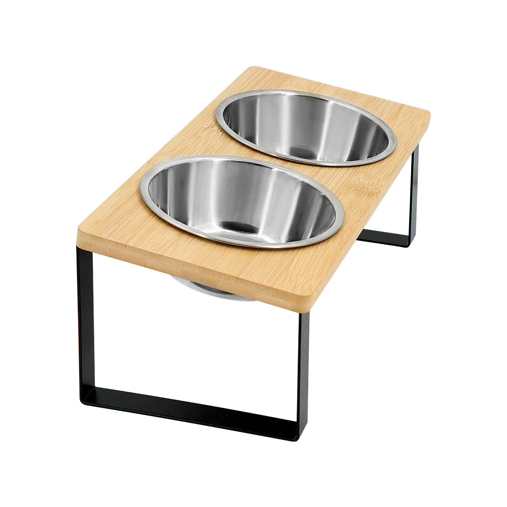 Elevated Cat Bowls 15° Tilted Raised Cat Food Bowls with Wooden Stand Anti Vomiting 2 Stainless Steel Bowls for Cats and Puppy Beauty World Shop