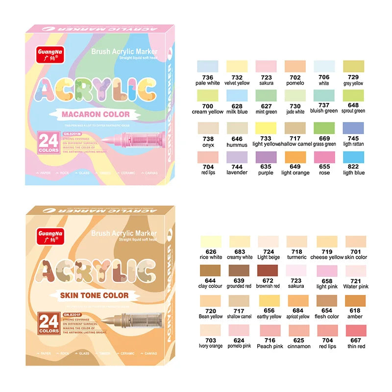 GuangNa 12-72 Colors Soft Brush Acrylic Marker Pen Set,Skin Tone, Macaron color,DIY Hand Drawn,Paint Art Markers pens,GN.8201F/M Beauty World Shop