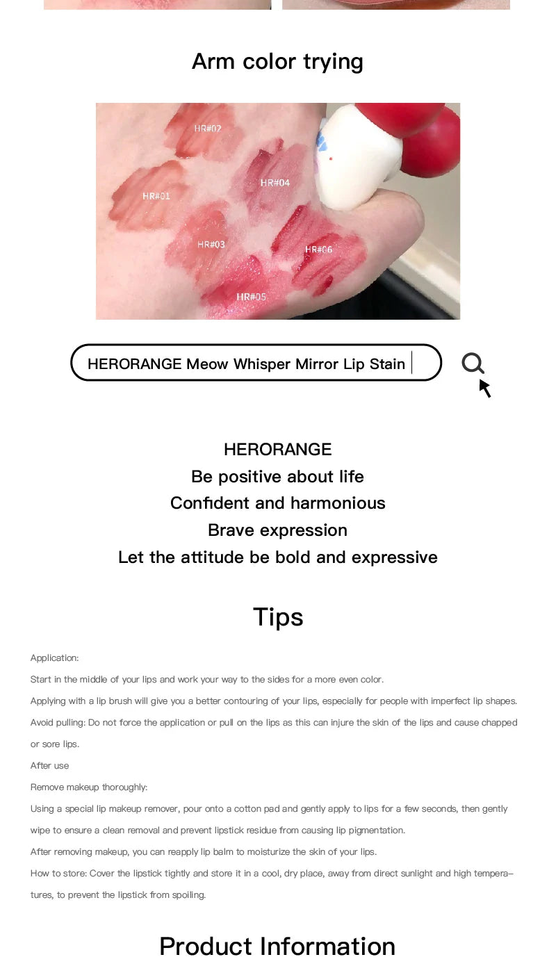HERORANGE Meow Whisper Mirror Lip Gloss - Moisturizing Long-Lasting, Water-Glossy, Perfect for Spring/Summer Beauty Trend Shop