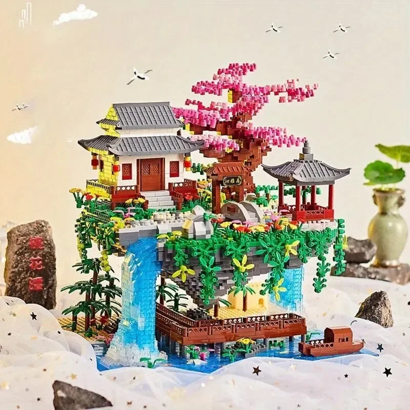 MOC Peach Blossom Pool Cherry Tree House Building Block Chinese Architecture DIY Bricks Cherry Blossom Toy for Kids Adult Gift Beauty World Shop
