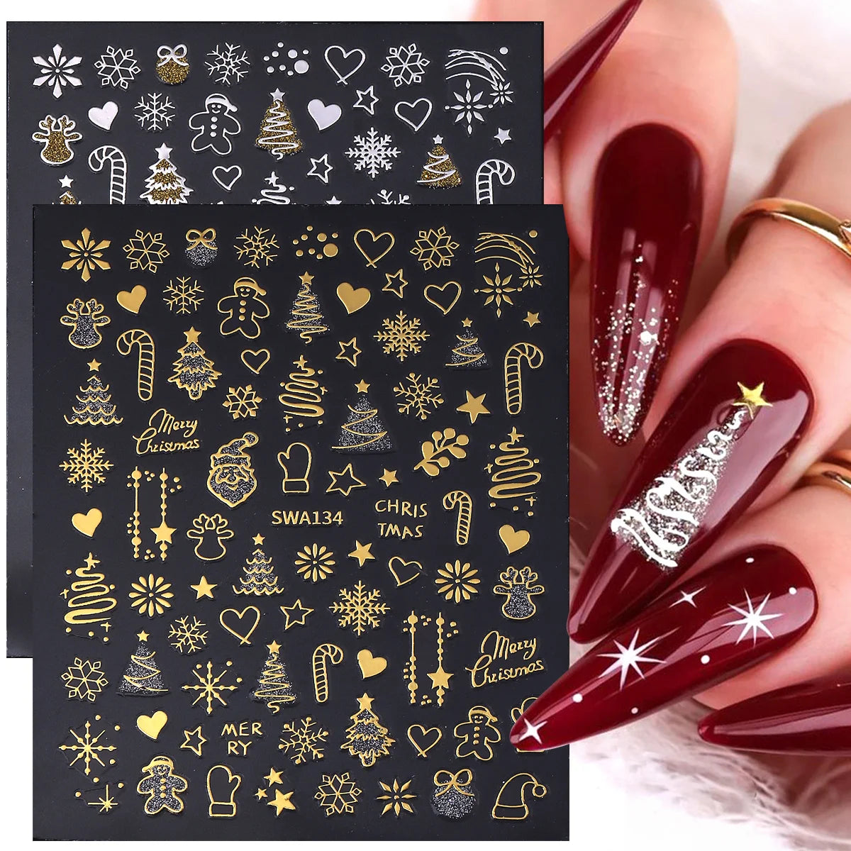2pcs Gold Silver Christmas 3D Nail Stickers Reflective Glitter Xmas Tree Gingerbread Snowflakes Adhesive Decals Winter Manicure Beauty World Shop