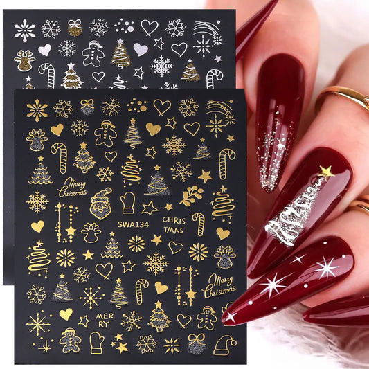 2pcs Gold Silver Christmas 3D Nail Stickers Reflective Glitter Xmas Tree Gingerbread Snowflakes Adhesive Decals Winter Manicure Beauty World Shop