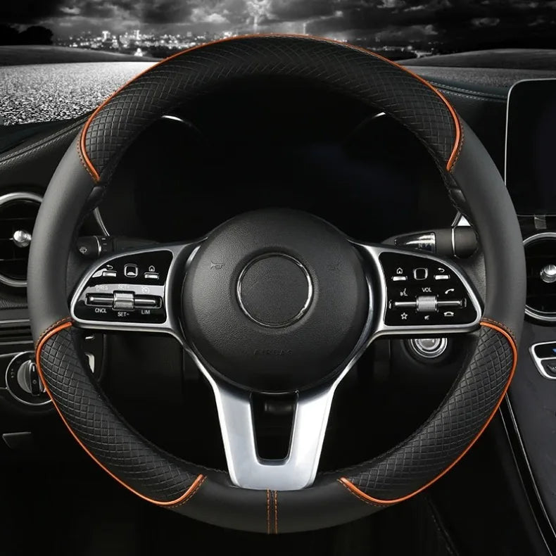 All Seasons Leather Diamond Steering Wheel Cover Universal Fit for 14 .5-15 Inch Durable Leather Cover Anti-Slip Veins Design Beauty World Shop