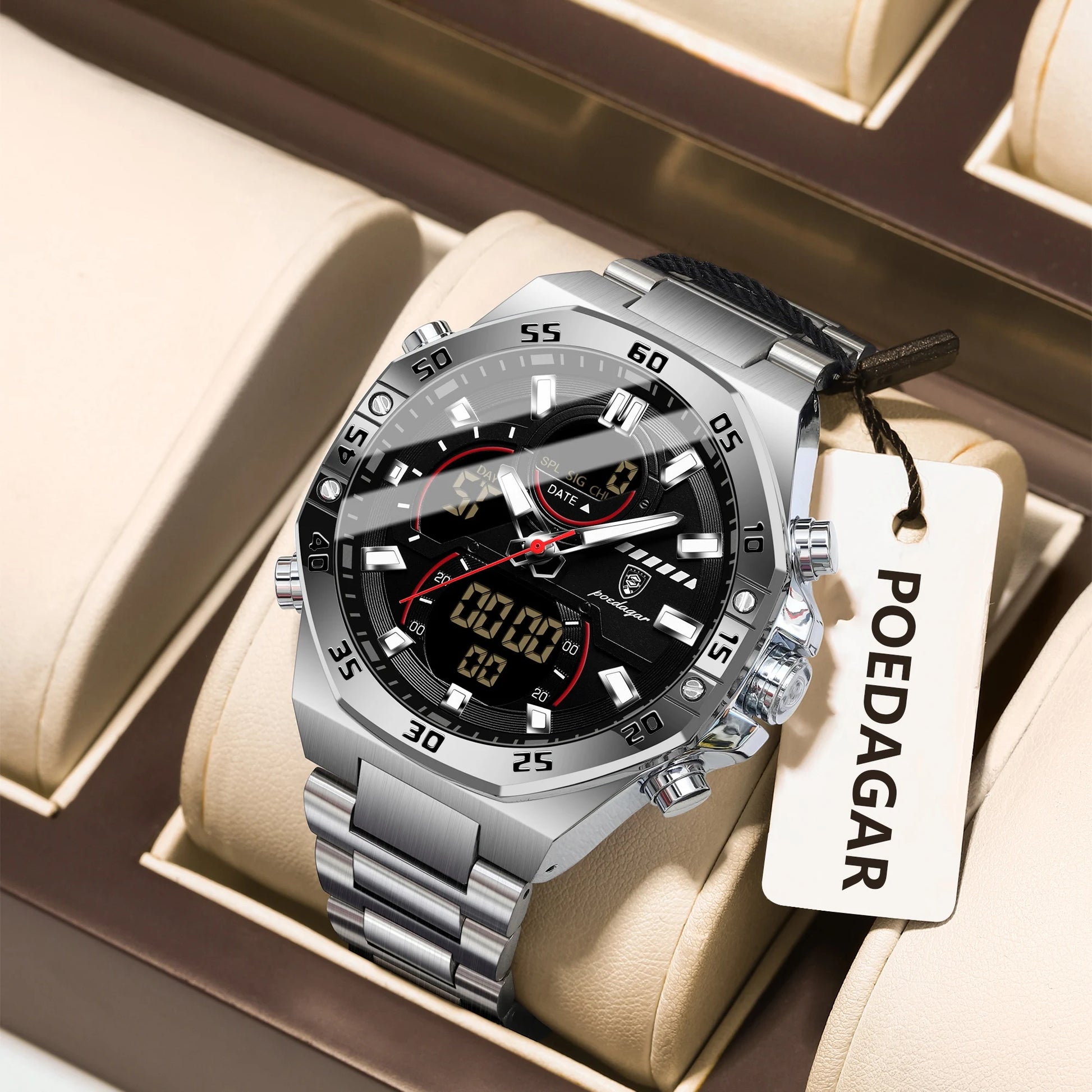 POEDAGAR Top Men Clock LED Luminous Waterproof Week Date Military Man Wristwatch Electronic Stainless Steel Quartz Men's Watches Beauty World Shop