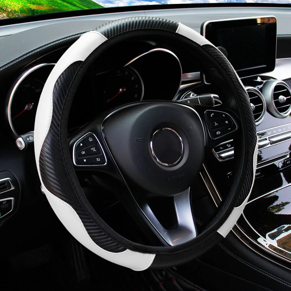 PU Carbon Fiber Leather Car Steering Wheel Cover without Inner Ring Suitable for 14.5-15 Inches of Automotive Supplies Beauty World Shop