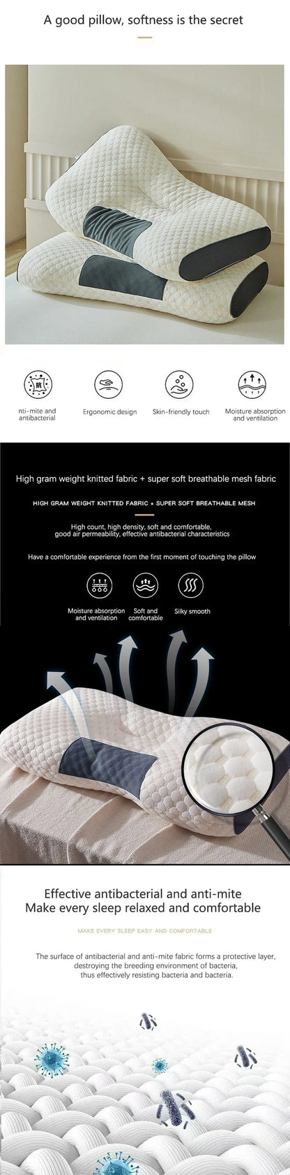 Honeycomb massage pillow pillow to protect cervical vertebra to help sleep home pillow core antibacterial and anti-mite NEW