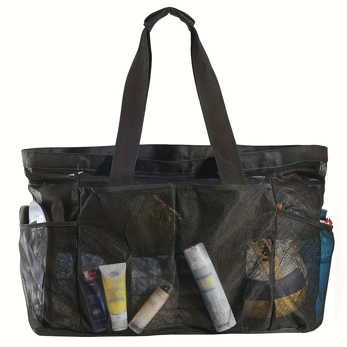 1pc Extra Large Mesh Beach Bag, Breathable Mesh Tote With Zipper & Side Pockets, Portable Large Capacity Finishing Organizer Bag Beauty World Shop