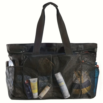 1pc Extra Large Mesh Beach Bag, Breathable Mesh Tote With Zipper & Side Pockets, Portable Large Capacity Finishing Organizer Bag Beauty World Shop