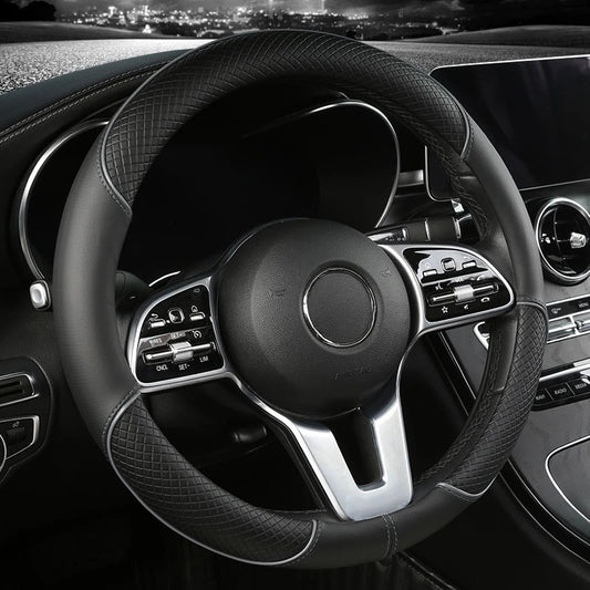 All Seasons Leather Diamond Steering Wheel Cover Universal Fit for 14 .5-15 Inch Durable Leather Cover Anti-Slip Veins Design Beauty World Shop