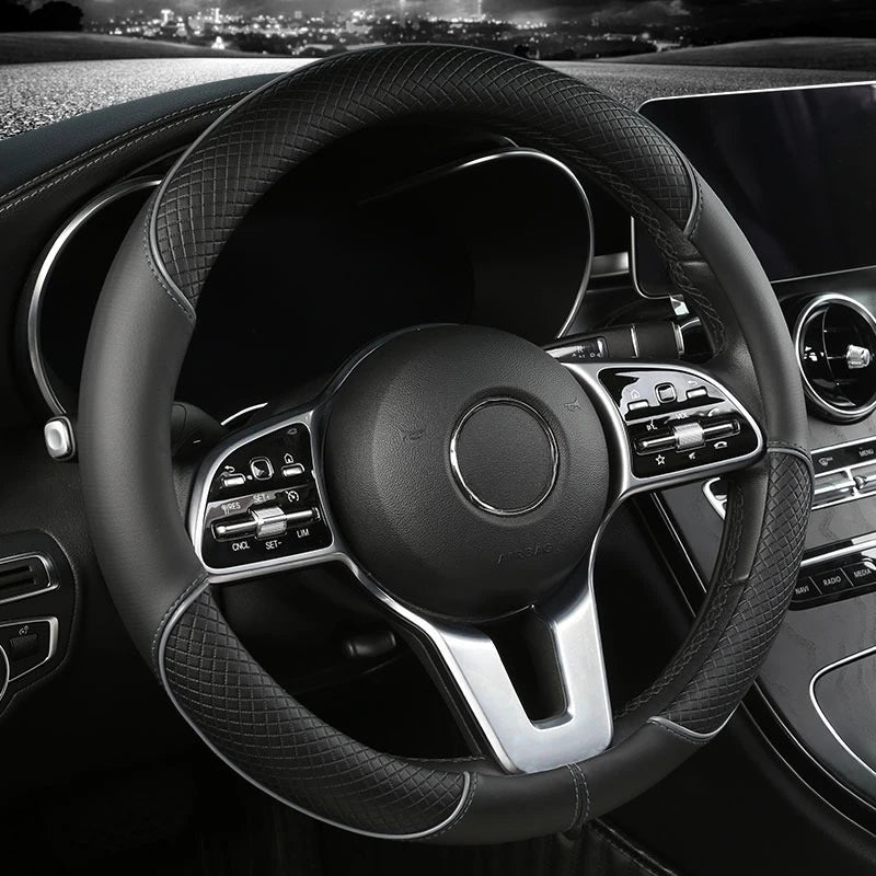 All Seasons Leather Diamond Steering Wheel Cover Universal Fit for 14 .5-15 Inch Durable Leather Cover Anti-Slip Veins Design Beauty World Shop