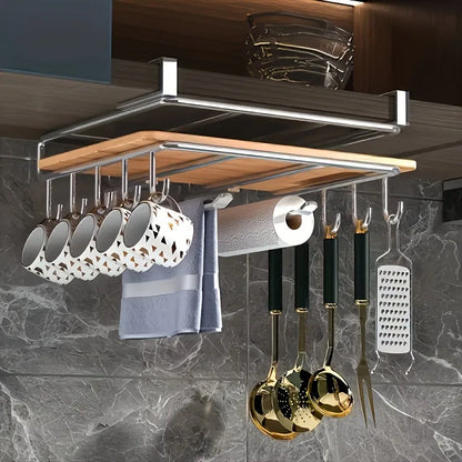 1PC Stainless Steel Hanging Kitchen Storage Rack with Hooks Paper Towel and Utensils Holder Cutting Board Storage Shelf Beauty World Shop