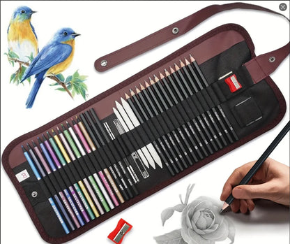 29Pcs Drawing Kit Sketching Pencils Set,Portable Pen Curtain-Charcoal Pencils, Sketch Pencils, Charcoal Stick,Sharpener,Eraser Beauty World Shop