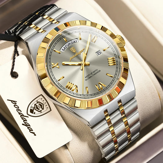 POEDAGAR Fashion Business Men's Watch Luminous Waterproof Week Date Luxury Man Wristwatch Stainless Steel Quartz Watches For Men Beauty World Shop