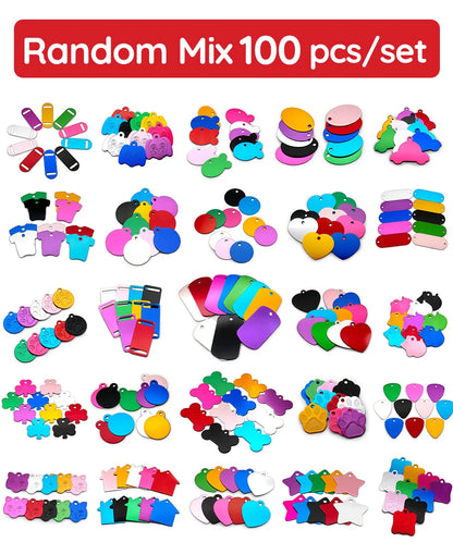 Random Mix 100pcs Aluminum Blank ID Tag Personalized Pet Dog Cat Name Plates Custom Pendant Engravable Ornament Accessories