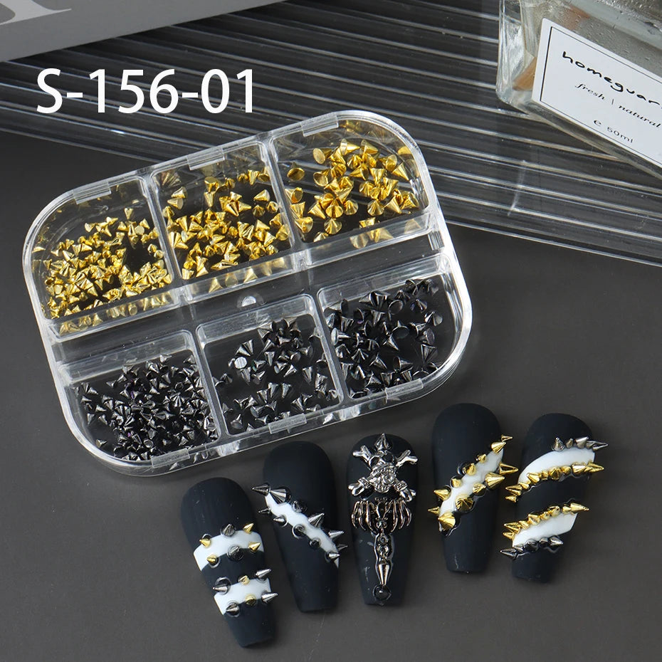 6Grids Metallic Rivet Punk Nail Charm Gold/Silver/Black Cone Spike Studs Nail Art Jewels Aolly Mini Rivet Studs Nail Supplies Beauty World Shop