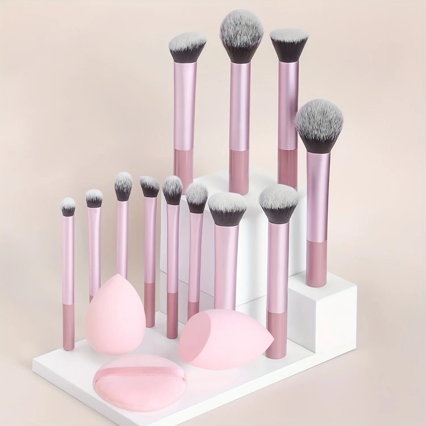 12-Piece Classic Full Makeup Brush Set with Angled and Teardrop Blenders, 1 Powder Puff - Professional Application Tools, Nylon Beauty World Shop