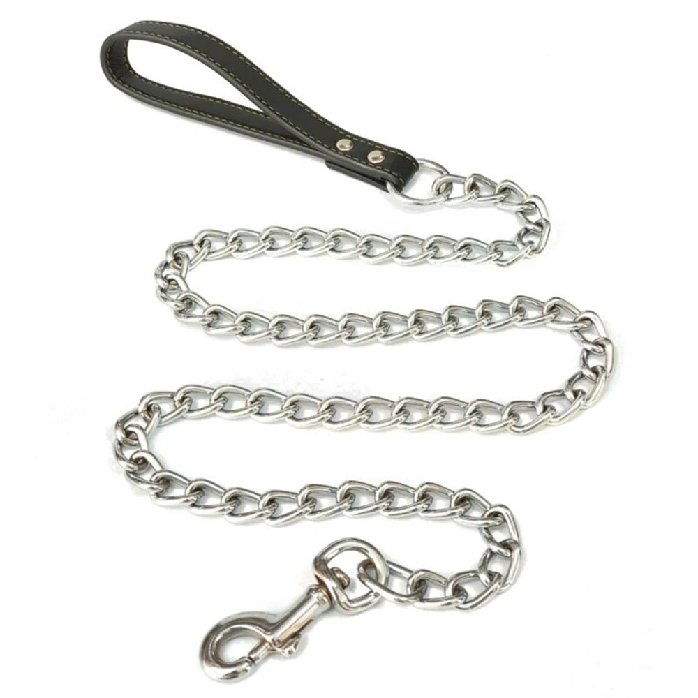 Metal Chain Dog Lead with Leather Style Handle Strong Control Leash Iron Dog Pets Supplies Collars Harnesses Chain Traction Rope Beauty World Shop
