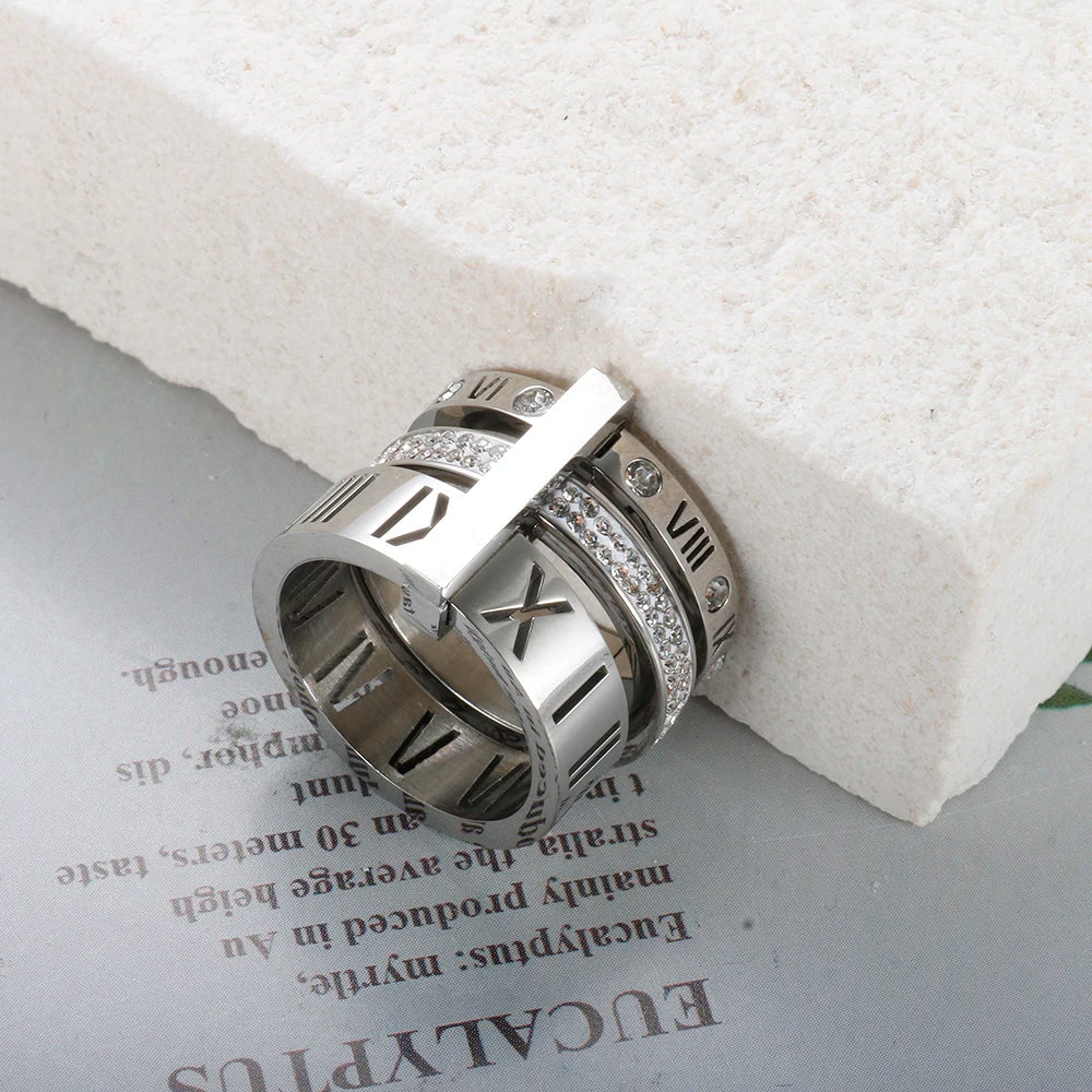 Three Layers Roman Numerals Ring for Women Luxury Stainless Steel Rotatable Crystal Finger Rings Female Wedding Trendy Jewelry Beauty World Shop