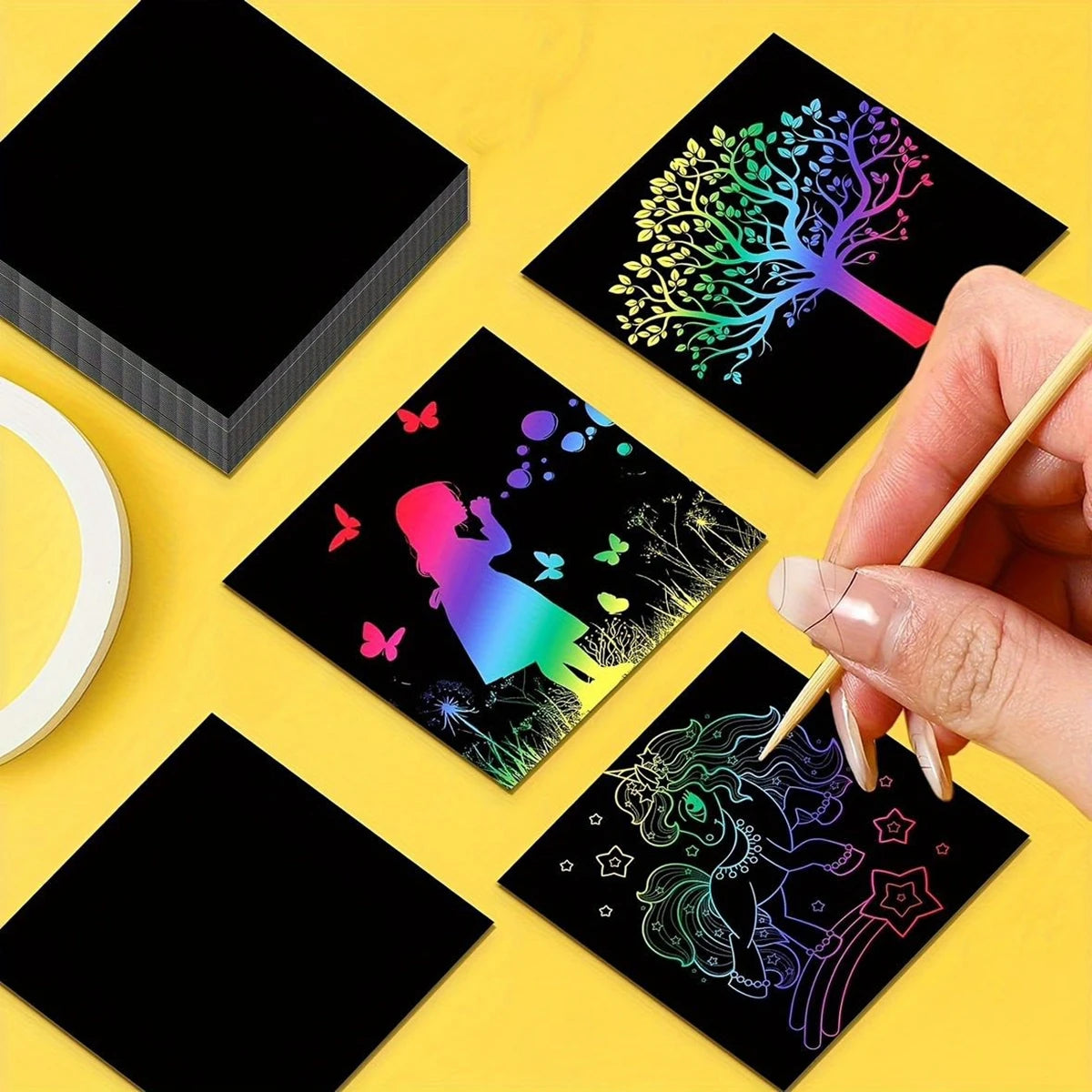 100pcs Scratch Paper Art Set Scratch Off Rainbow Magic Paper with 2 Bamboo Stylus Black Scratch Notes Xmas Birthday Gift Card Beauty World Shop