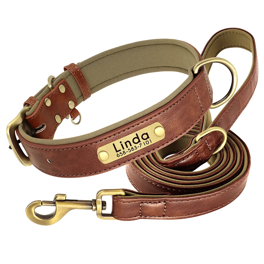 Customized Leather Dog Collar Leash Set Soft Padded Leather Collar For Small Medium Large Dogs With Free Engraved Nameplate Beauty World Shop
