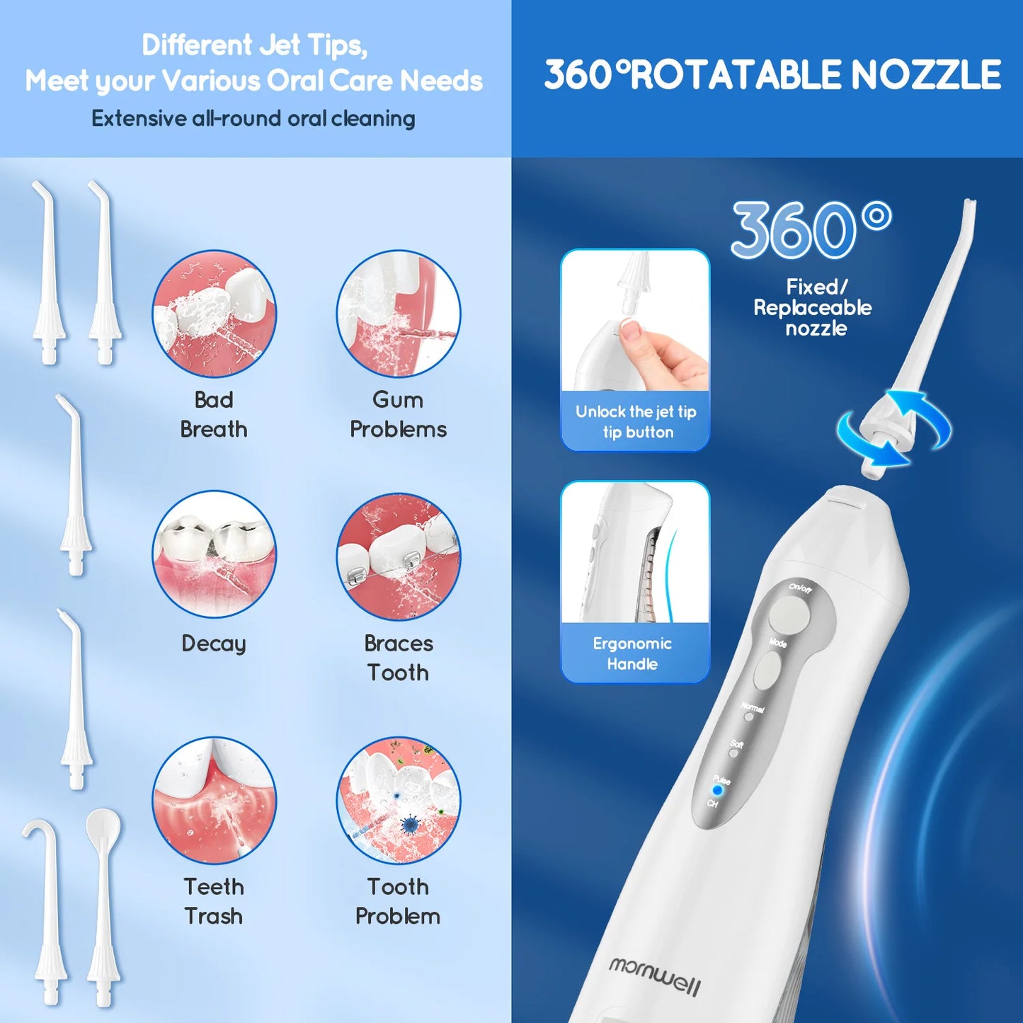 D52 Portable Cordless Water Flosser USB Rechargeable Water Jet Floss Tooth Pick 6 Jet Tip 300ml 3 Modes Teeth Clean for Travel Beauty World Shop