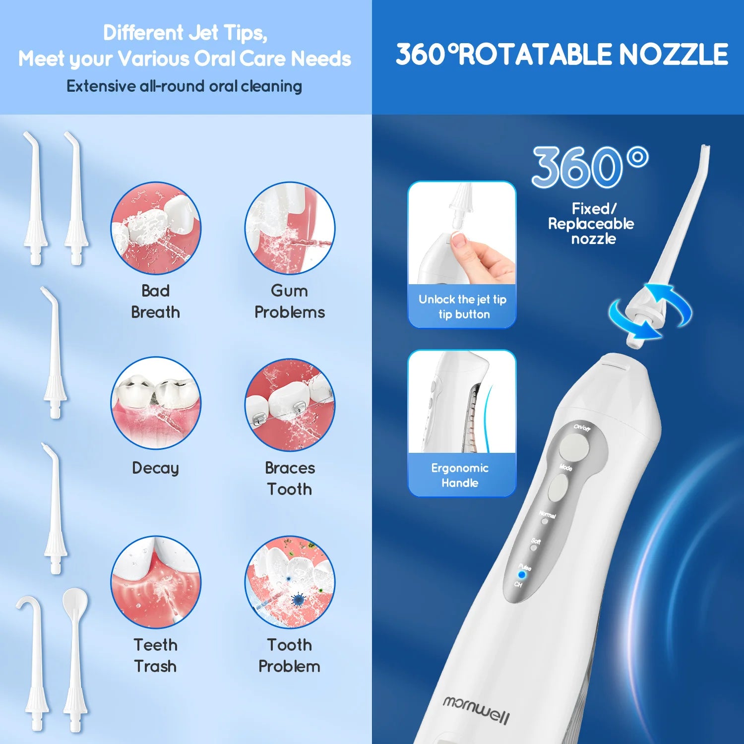 D52 Portable Cordless Water Flosser USB Rechargeable Water Jet Floss Tooth Pick 6 Jet Tip 300ml 3 Modes Teeth Clean for Travel Beauty World Shop