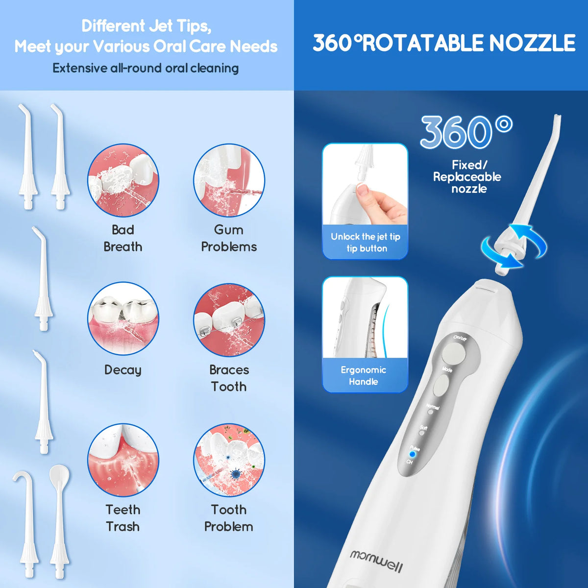 D52 Portable Cordless Water Flosser USB Rechargeable Water Jet Floss Tooth Pick 6 Jet Tip 300ml 3 Modes Teeth Clean for Travel Beauty World Shop