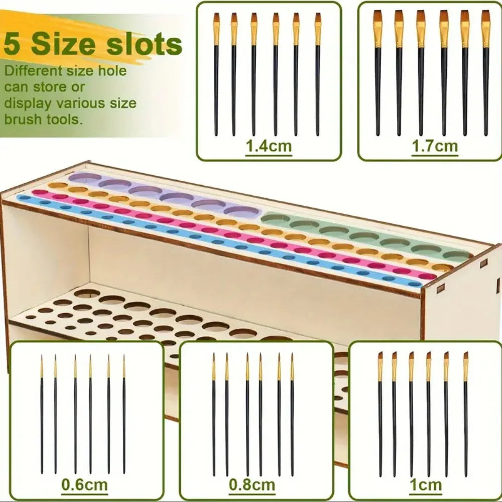 67-Slot Premium Wooden Brush Double-layer Holder Durable Artist Desk Organizer Pencil Paint Brushes Storage Art Craft Beauty World Shop