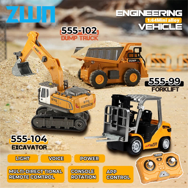 ZWN 1:64 RC Model Car 2.4G Remote Control Excavator Dump Truck Forklift Alloy Plastic Simulation Construction Vehicle Kids Toy Beauty World Shop