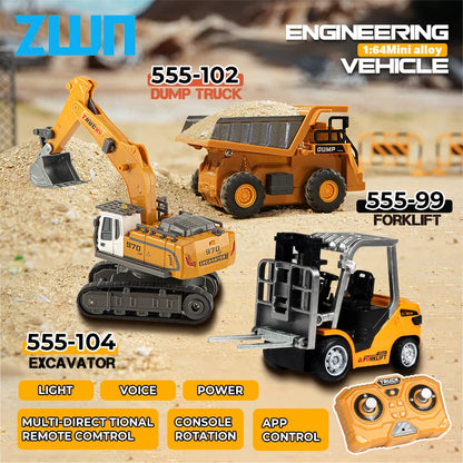 ZWN 1:64 RC Model Car 2.4G Remote Control Excavator Dump Truck Forklift Alloy Plastic Simulation Construction Vehicle Kids Toy Beauty World Shop