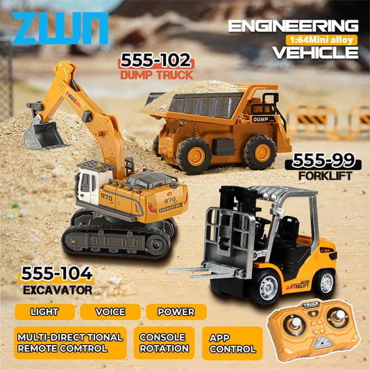 ZWN 1:64 RC Model Car 2.4G Remote Control Excavator Dump Truck Forklift Alloy Plastic Simulation Construction Vehicle Kids Toy Beauty World Shop
